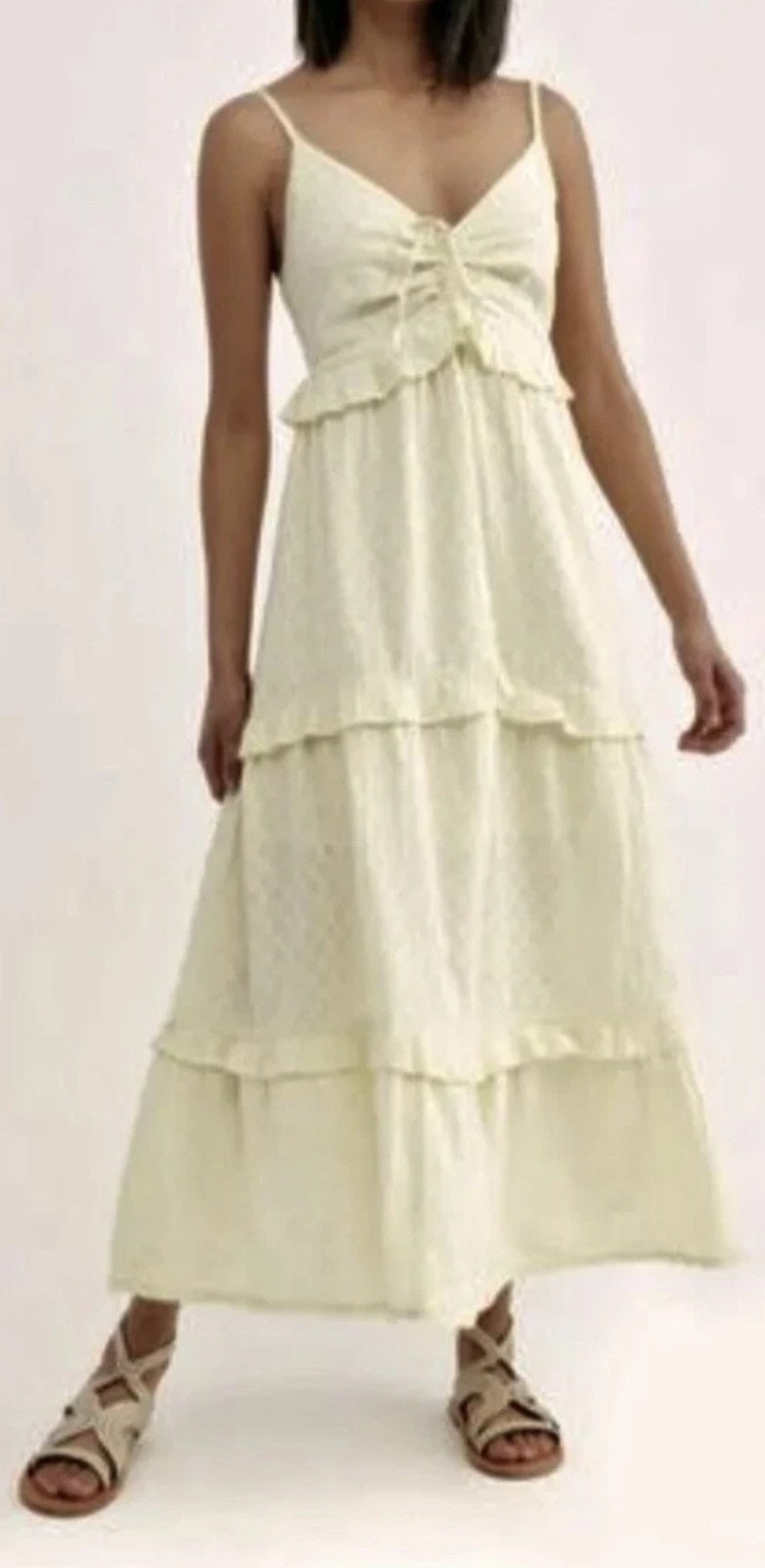 Free People Maxi Dress Sz Xs Belong To You Lemon Tiered Dotted Crochet Ruffle